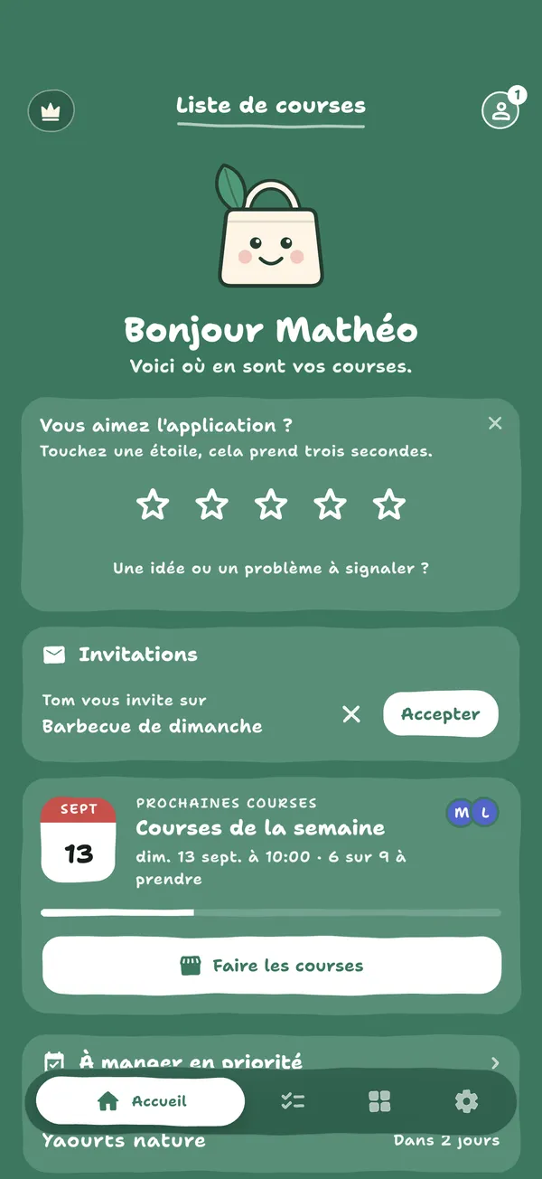 Écran d'accueil de l'application : Sacha, les prochaines courses et les invitations