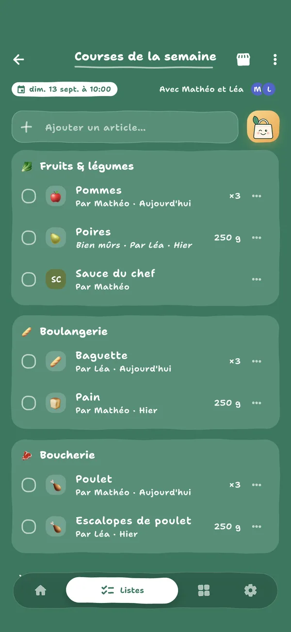 Une liste rangée par rayon : fruits et légumes, boulangerie, boucherie, avec qui a ajouté chaque article
