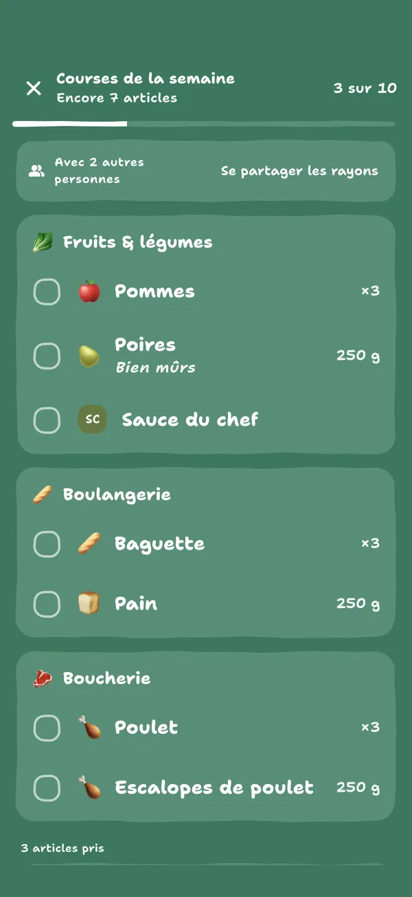 Le mode course : la liste en plein écran, rayon par rayon, avec la progression