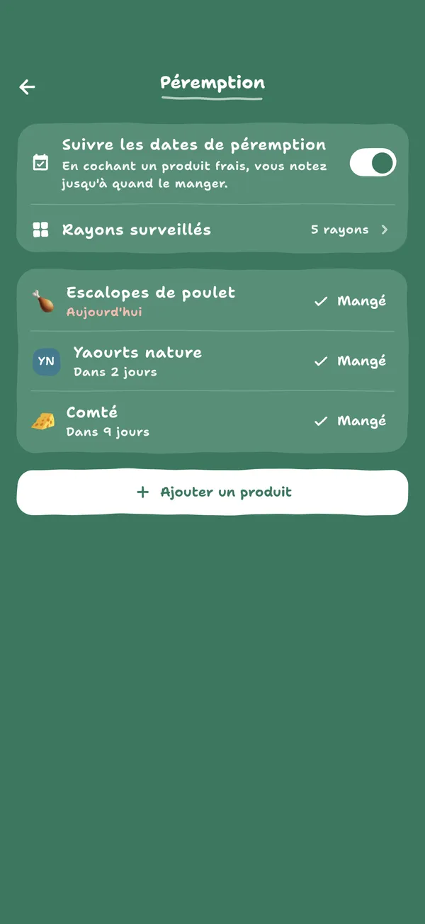 La page péremption : les produits frais à manger en priorité, avec leur échéance
